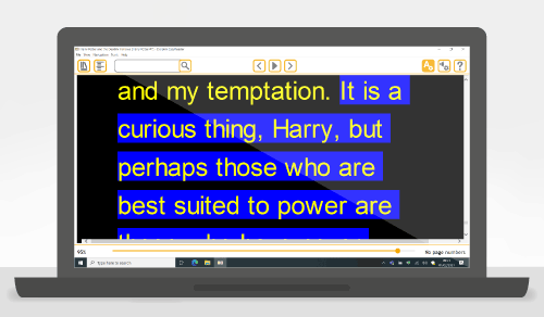 EasyReader large text, blue colour themed reading screen on a laptop.